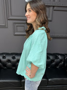 seersucker bubble sleeve top, scalloped hem blouse, mint seersucker top, peony pink blouse, curvy seersucker top, boutique summer blouse
