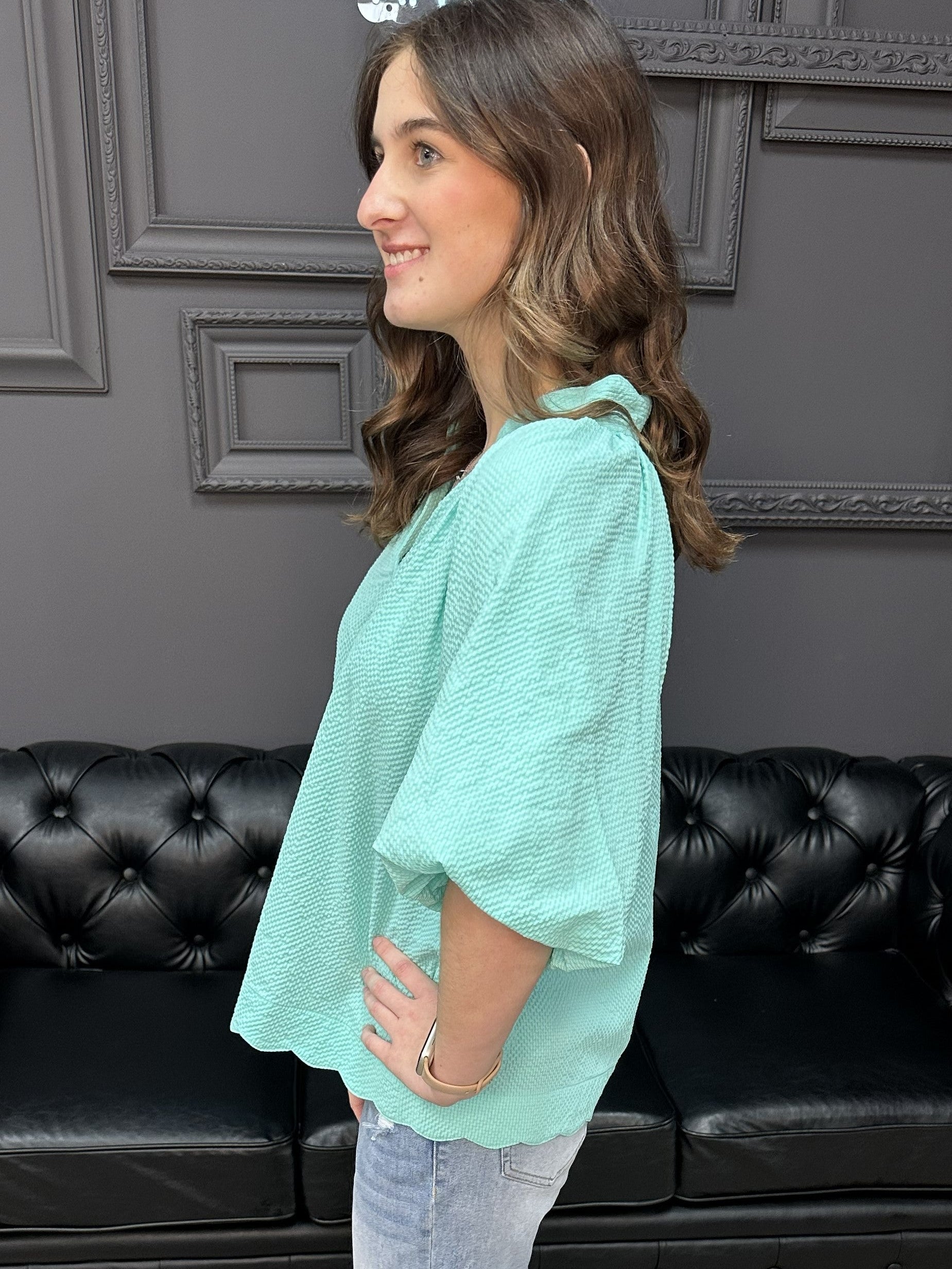 seersucker bubble sleeve top, scalloped hem blouse, mint seersucker top, peony pink blouse, curvy seersucker top, boutique summer blouse