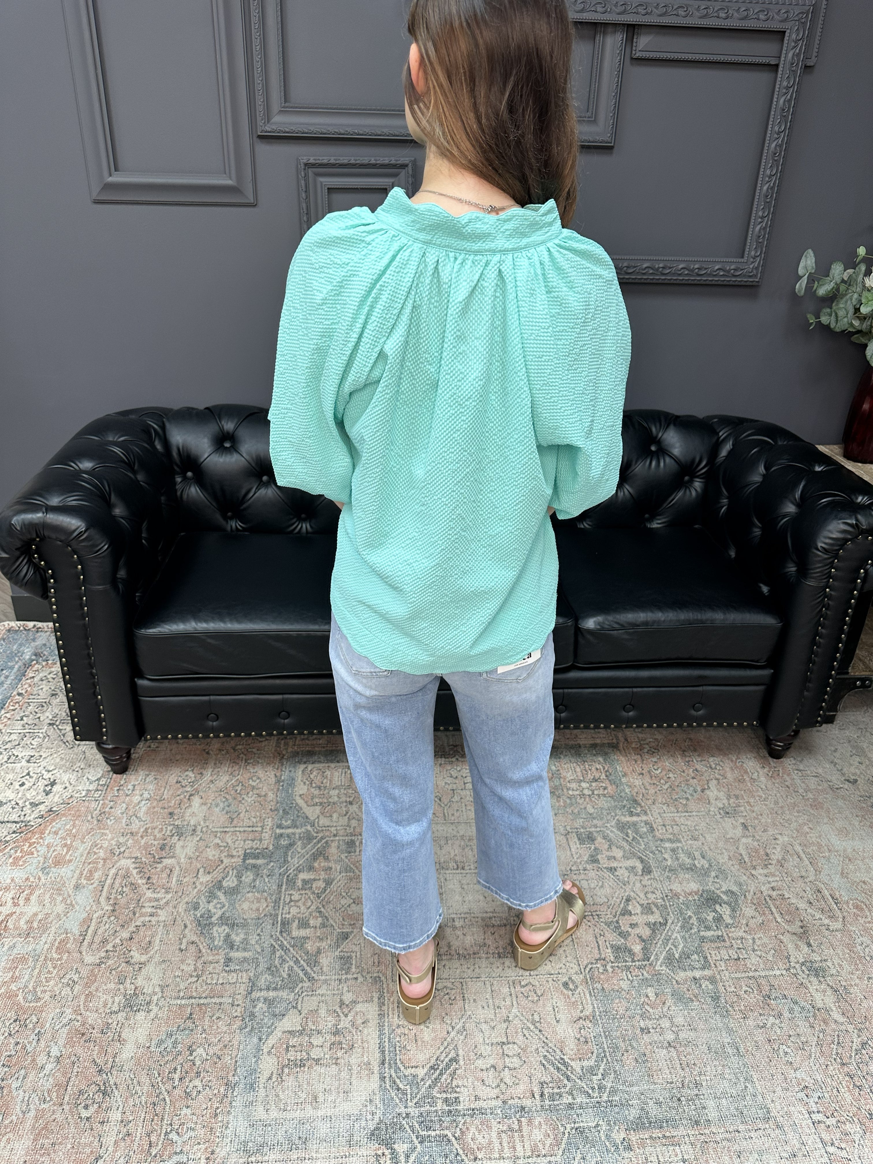 seersucker bubble sleeve top, scalloped hem blouse, mint seersucker top, peony pink blouse, curvy seersucker top, boutique summer blouse