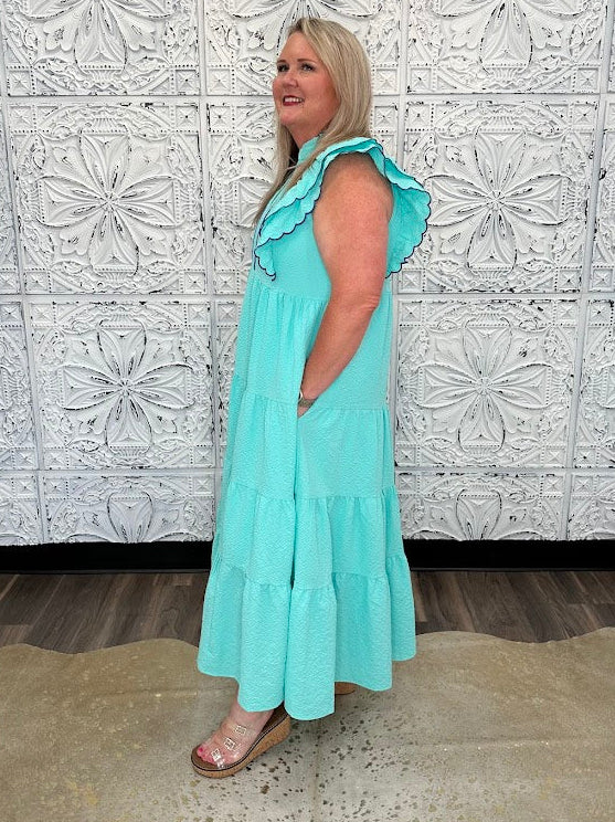 Seersucker Ruffle Sleeve Tiered Midi Dress with Scalloped Trim