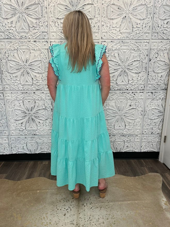 Seersucker Ruffle Sleeve Tiered Midi Dress with Scalloped Trim