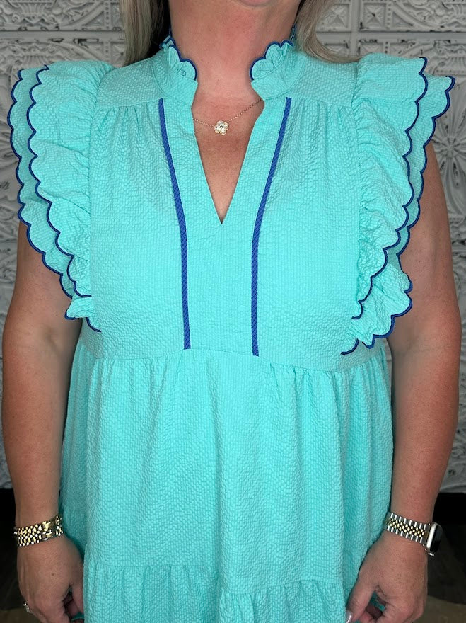 Seersucker Ruffle Sleeve Tiered Midi Dress with Scalloped Trim