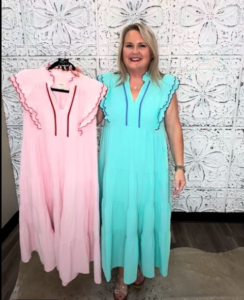 Seersucker Ruffle Sleeve Tiered Midi Dress with Scalloped Trim