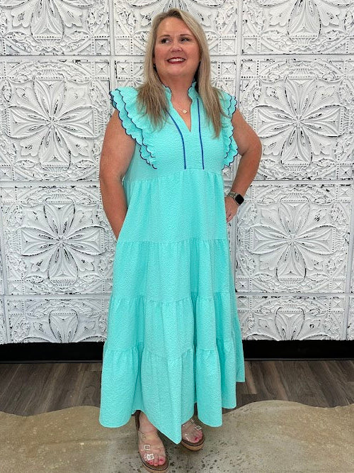 Seersucker Ruffle Sleeve Tiered Midi Dress with Scalloped Trim