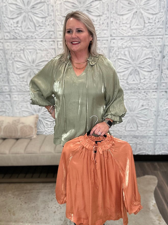 Shimmery Scalloped Tie Neck Balloon Sleeve Blouse