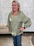 Shimmery Scalloped Tie Neck Balloon Sleeve Blouse