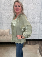 Shimmery Scalloped Tie Neck Balloon Sleeve Blouse