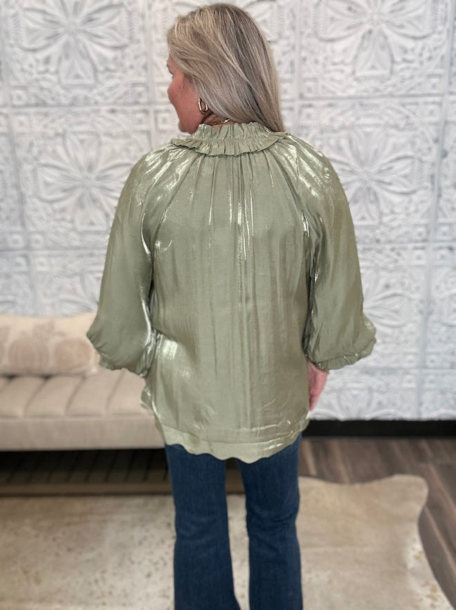 Shimmery Scalloped Tie Neck Balloon Sleeve Blouse