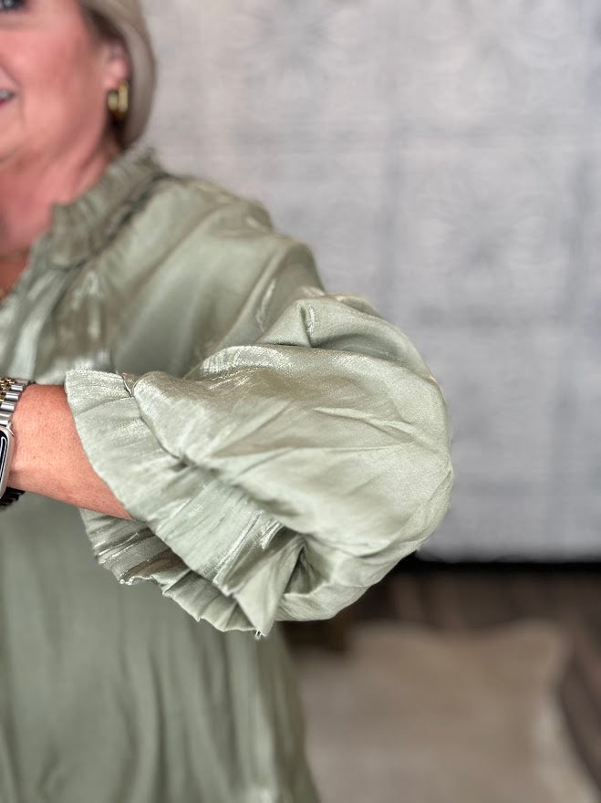 Shimmery Scalloped Tie Neck Balloon Sleeve Blouse