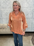 Shimmery Scalloped Tie Neck Balloon Sleeve Blouse