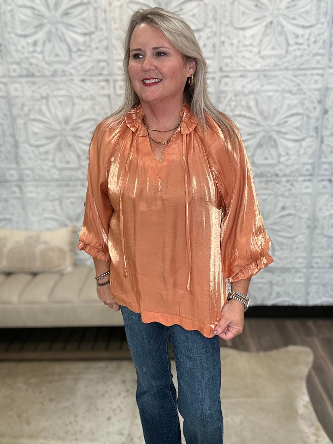 Shimmery Scalloped Tie Neck Balloon Sleeve Blouse