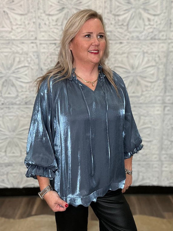 Shimmery Scalloped Tie Neck Blouse