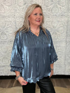 Shimmery Scalloped Tie Neck Blouse