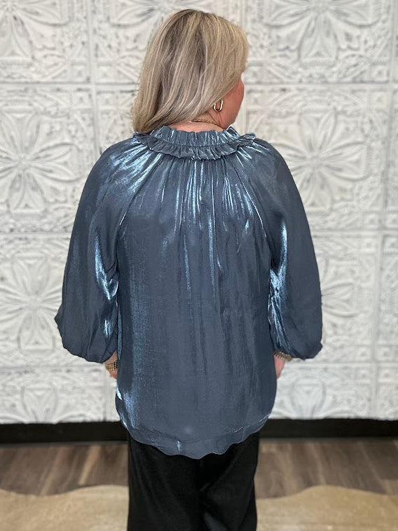 Shimmery Scalloped Tie Neck Blouse