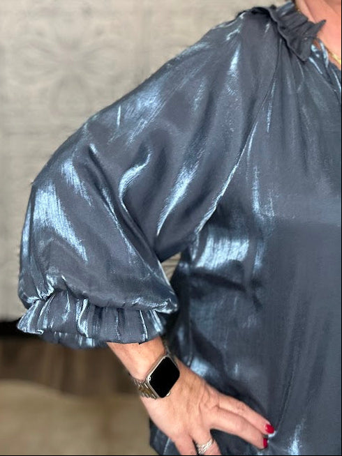 Shimmery Scalloped Tie Neck Blouse