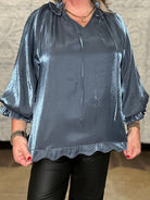Shimmery Scalloped Tie Neck Blouse