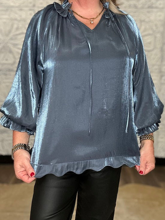 Shimmery Scalloped Tie Neck Blouse