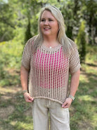 Short Sleeve Fishnet Crochet Knit Sweater Top