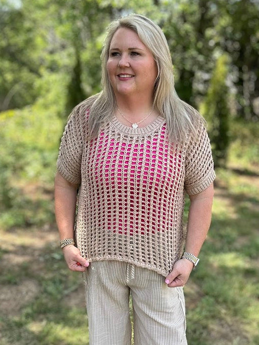 Short Sleeve Fishnet Crochet Knit Sweater Top