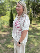 Short Sleeve Fishnet Crochet Knit Sweater Top