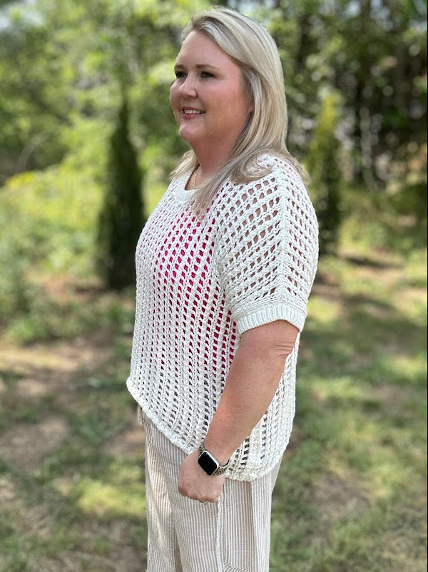 Short Sleeve Fishnet Crochet Knit Sweater Top