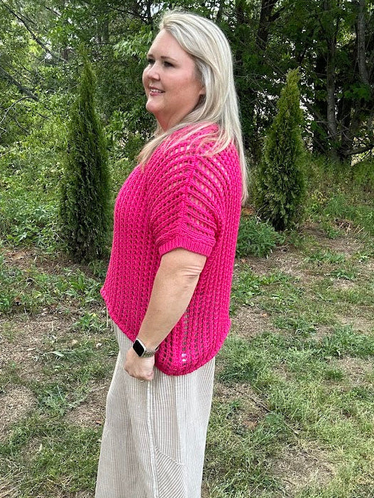 Short Sleeve Fishnet Crochet Knit Sweater Top