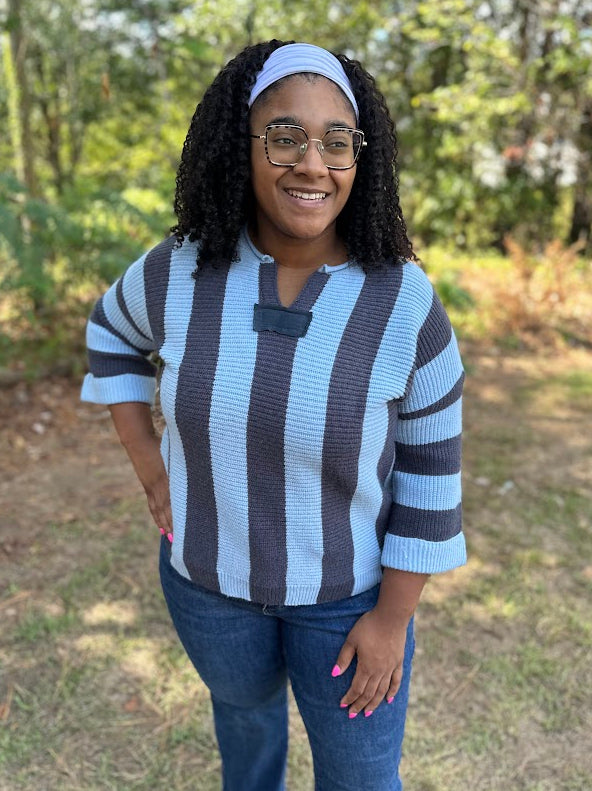Sky Blue & Charcoal Striped Sweater Top