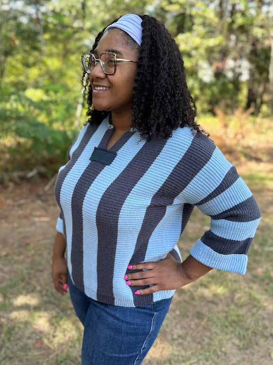 Sky Blue & Charcoal Striped Sweater Top