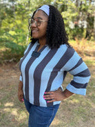 Sky Blue & Charcoal Striped Sweater Top