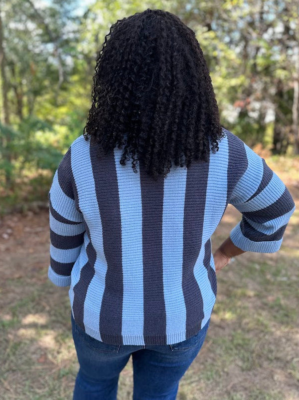 Sky Blue & Charcoal Striped Sweater Top