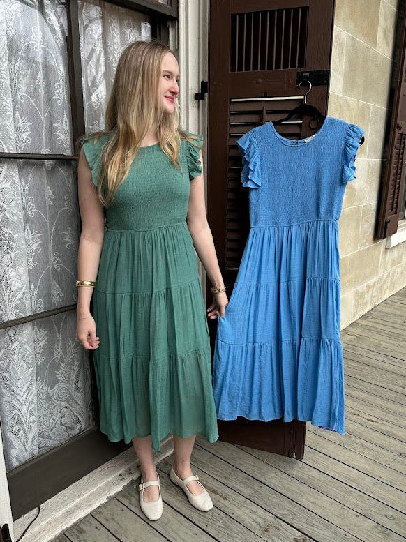 smocked midi dress, ruffle sleeve dress, woven midi dress, women’s midi dress, boutique dresses, spring dresses, Gypsy River Apparel