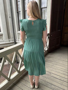 smocked midi dress, ruffle sleeve dress, woven midi dress, women’s midi dress, boutique dresses, spring dresses, Gypsy River Apparel