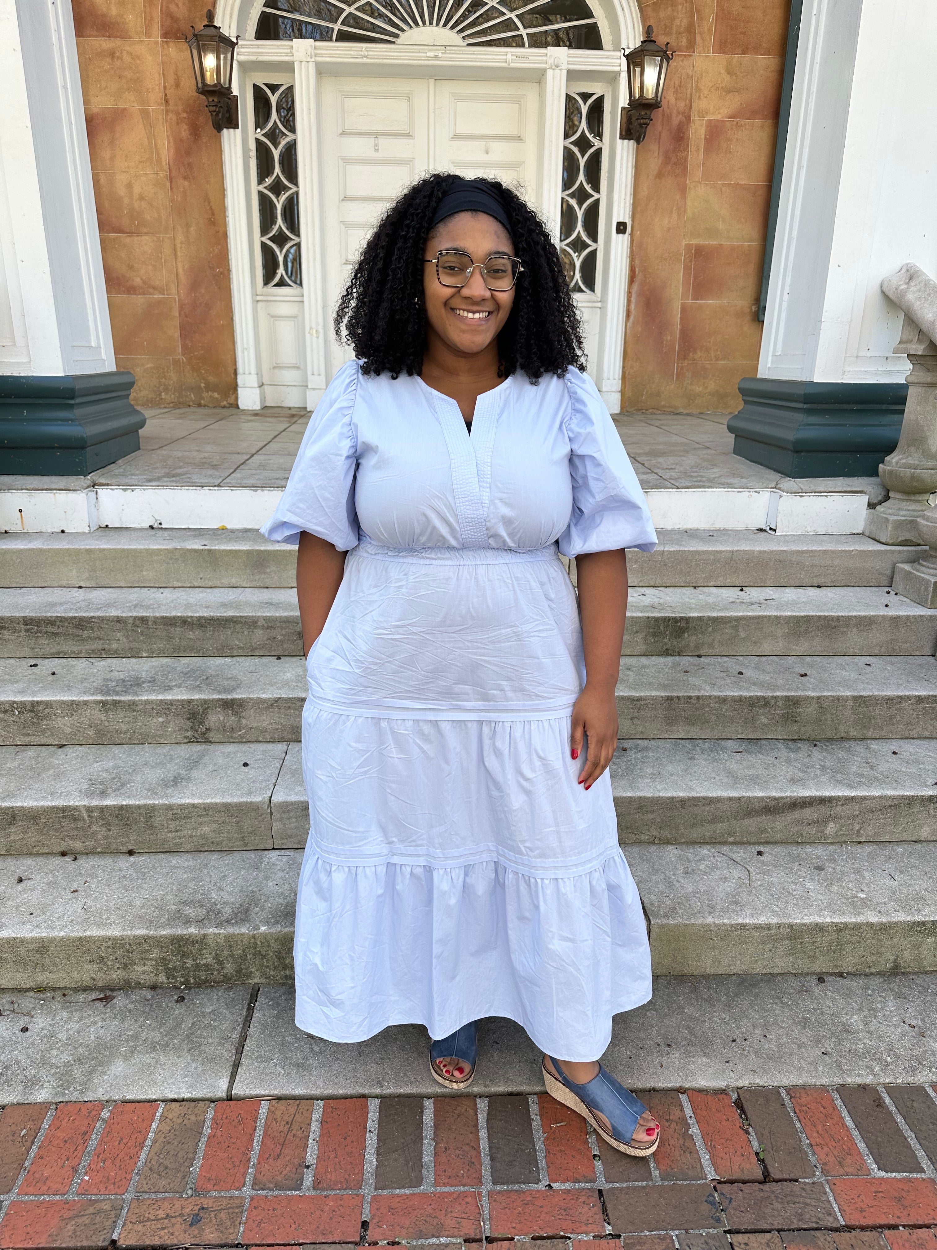 blue midi dress, tiered cotton dress, balloon sleeve dress, poplin midi dress, modest dresses for women, dresses with pockets, boutique midi dress