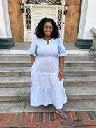 blue midi dress, tiered cotton dress, balloon sleeve dress, poplin midi dress, modest dresses for women, dresses with pockets, boutique midi dress