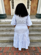 blue midi dress, tiered cotton dress, balloon sleeve dress, poplin midi dress, modest dresses for women, dresses with pockets, boutique midi dress