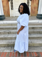 blue midi dress, tiered cotton dress, balloon sleeve dress, poplin midi dress, modest dresses for women, dresses with pockets, boutique midi dress