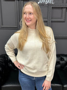 melange sweater, round neck sweater, relaxed fit sweater, front seam sweater, women’s knit sweater, boutique sweaters, Gypsy River Apparel