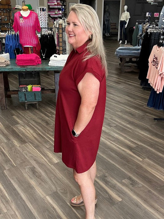 Solid Collared Short Sleeve Shift Dress with Pockets