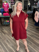 Solid Collared Short Sleeve Shift Dress with Pockets