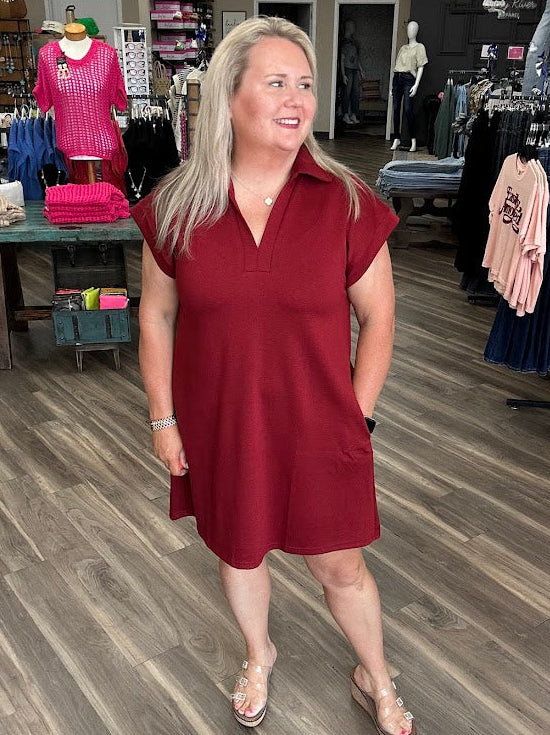 Solid Collared Short Sleeve Shift Dress with Pockets