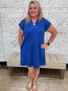 Solid Collared Short Sleeve Shift Dress with Pockets