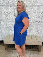 Solid Collared Short Sleeve Shift Dress with Pockets