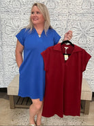Solid Collared Short Sleeve Shift Dress with Pockets