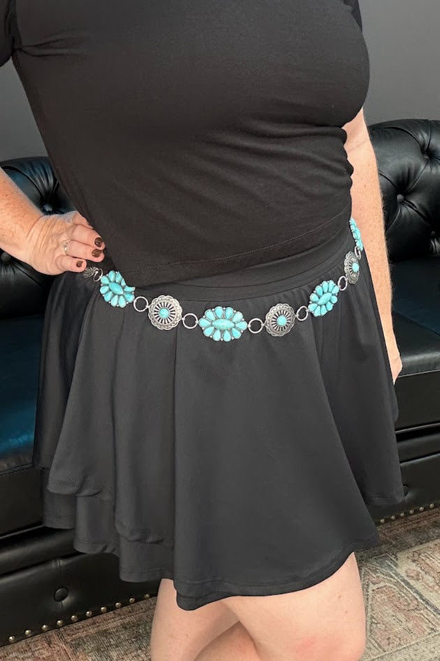 turquoise concho belt, silver western belt, turquoise chain belt, boho turquoise belt, southwestern style belt, adjustable western belt