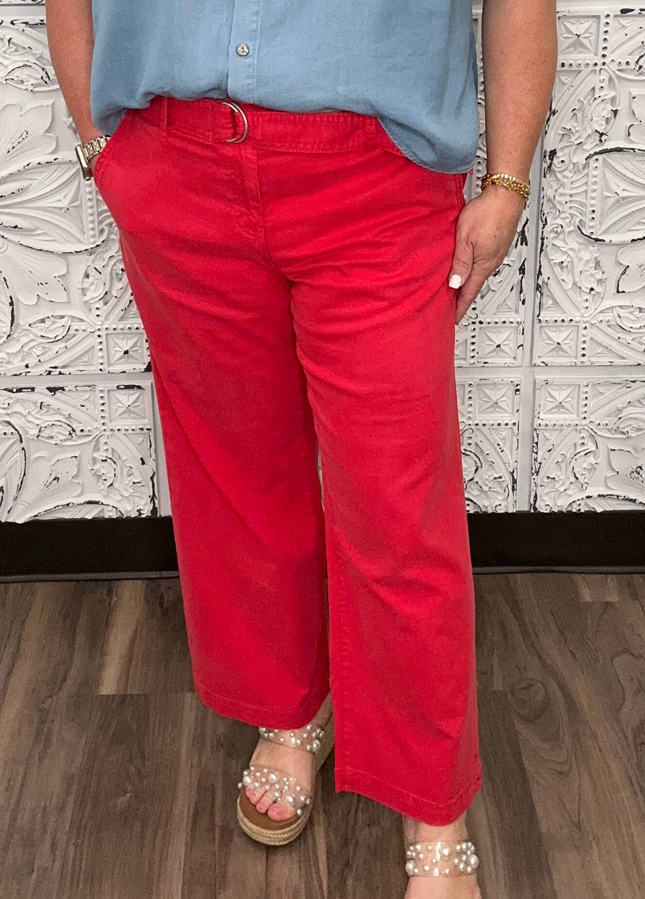 Liverpool Stride pants, high rise crop wide leg, red wide leg pants, cropped trouser jeans, Liverpool Los Angeles pants, women’s dressy casual pants, statement color pants, ankle crop pants, boutique style trousers, bold red pants, soft stretch cotton pants, flattering wide leg fit, high waist crop trousers, modern cropped denim, comfortable chic pants, Liverpool boutique fashion, women’s wide leg bottoms, Gypsy River Apparel, Northport boutique clothing, wardrobe statement piece