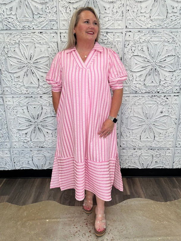 Stripe Puff Sleeve Midi Dress