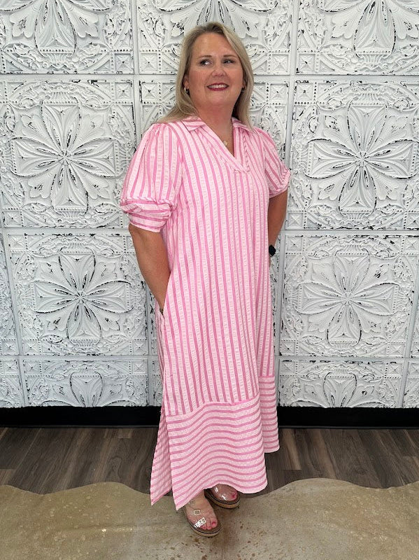 Stripe Puff Sleeve Midi Dress