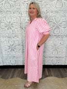 Stripe Puff Sleeve Midi Dress