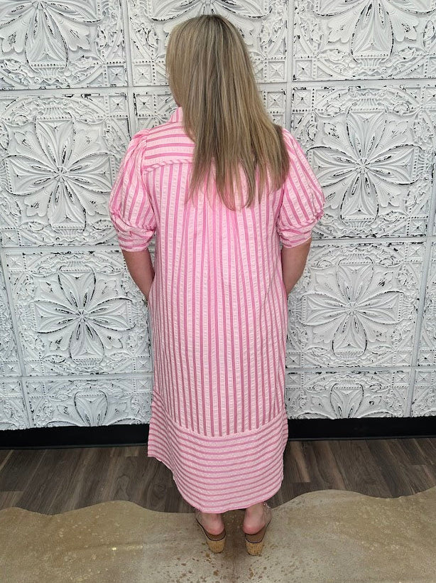 Stripe Puff Sleeve Midi Dress