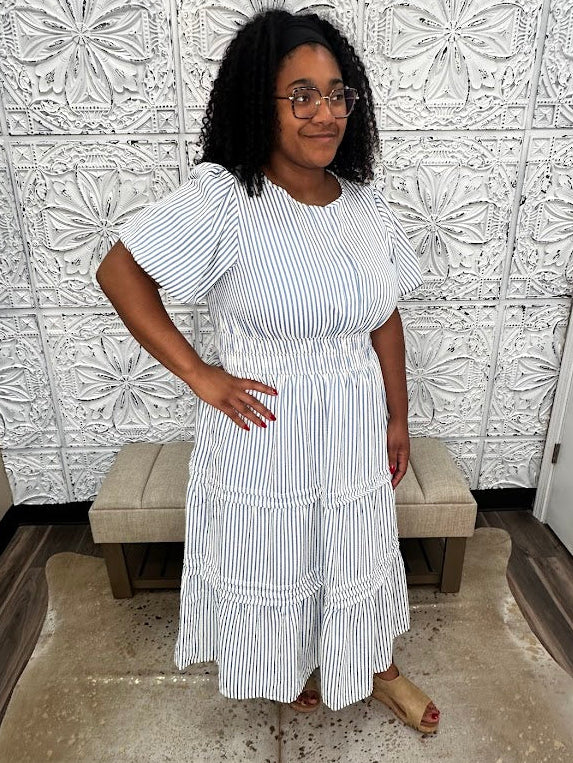 Stripe Puff Sleeve Tiered Midi Plus size Dress